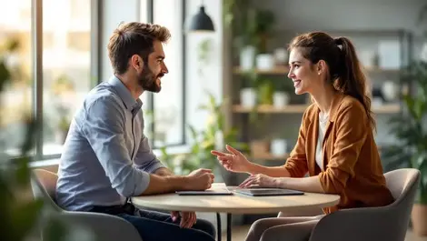 Modern office interview caucasian pair laptops natural light pro