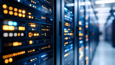 Close up modern data center servers glowing storage energy efficient technology sleek racks cooling systems sustainability high performance professional environment