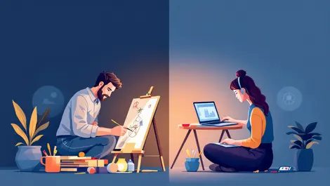 Creative artist sketching traditional tools tech professional laptop tension art technology uk british cultural motifs balanced modern colors