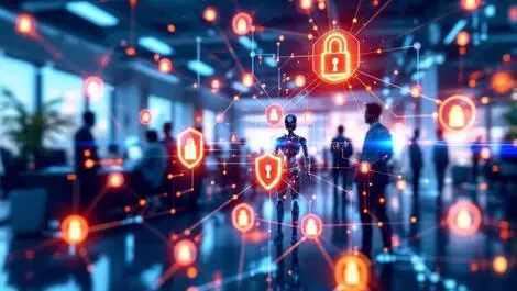 Abstract network human figures robotic forms glowing security shields modern corporate office enterprise security