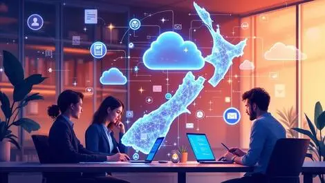 Modern new zealand office collaboration digital devices cloud holograms map