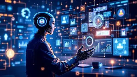 Modern ai assistant interacting with digital marketing and customer support interfaces