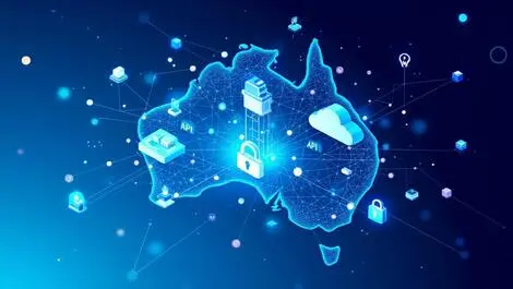 Abstract secure data flow cloud telecom australia map network api nodes blue green