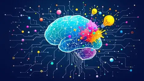 Brain circuit illustration colorful creative shapes lightbulbs paint splashes