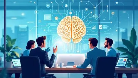 Business professionals collaborating digital brain ai innovation strategy