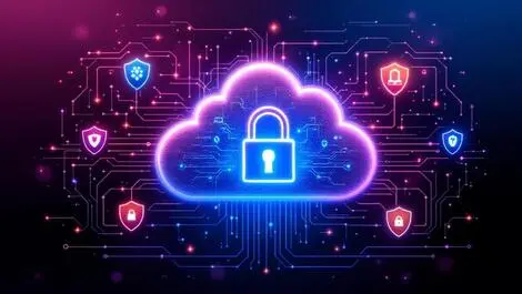 Secure cloud padlock digital shields abstract circuits ai security cloud computing