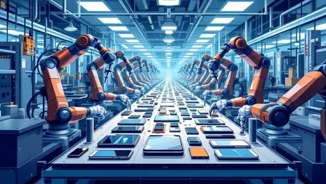 Europe factory assembly line robotic arms repairing smartphones automation efficiency