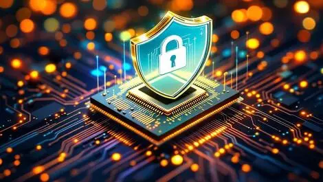 Realistic computer hardware chips digital shield cybersecurity memory safety