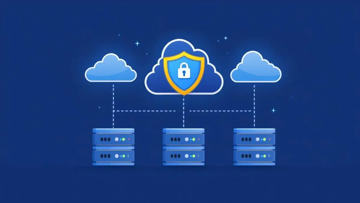 Interconnected cloud icons corporate servers protective shield lock hybrid cloud security