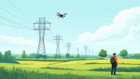 Small quadcopter drone flying above rural powerlines english countryside