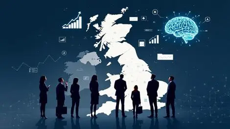 Businesspeople on uk map analyzing growth charts and ai with eu background