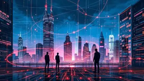 Asia pacific office skyline digital network cyber threats illustration