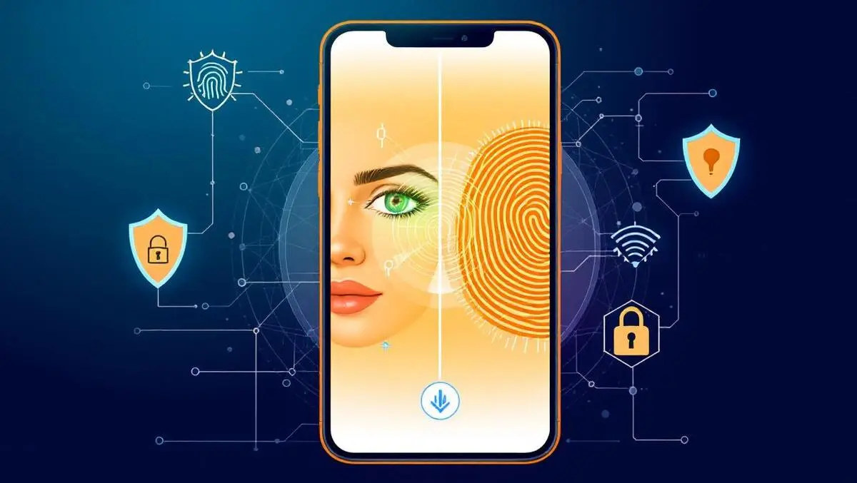 Biometric fingerprint scan facial recognition smartphone security shield icons