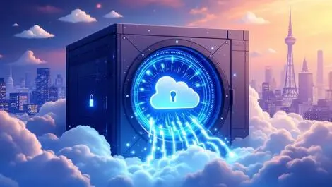 Realistic large secure data vault clouds digital files european cityscape