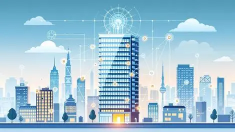 Modern smart building digital sensor nodes data flow city skyline