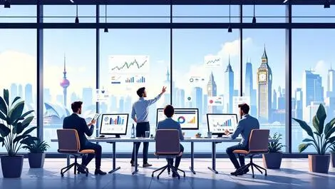 Business professionals analyzing financial charts ai automation global landmarks