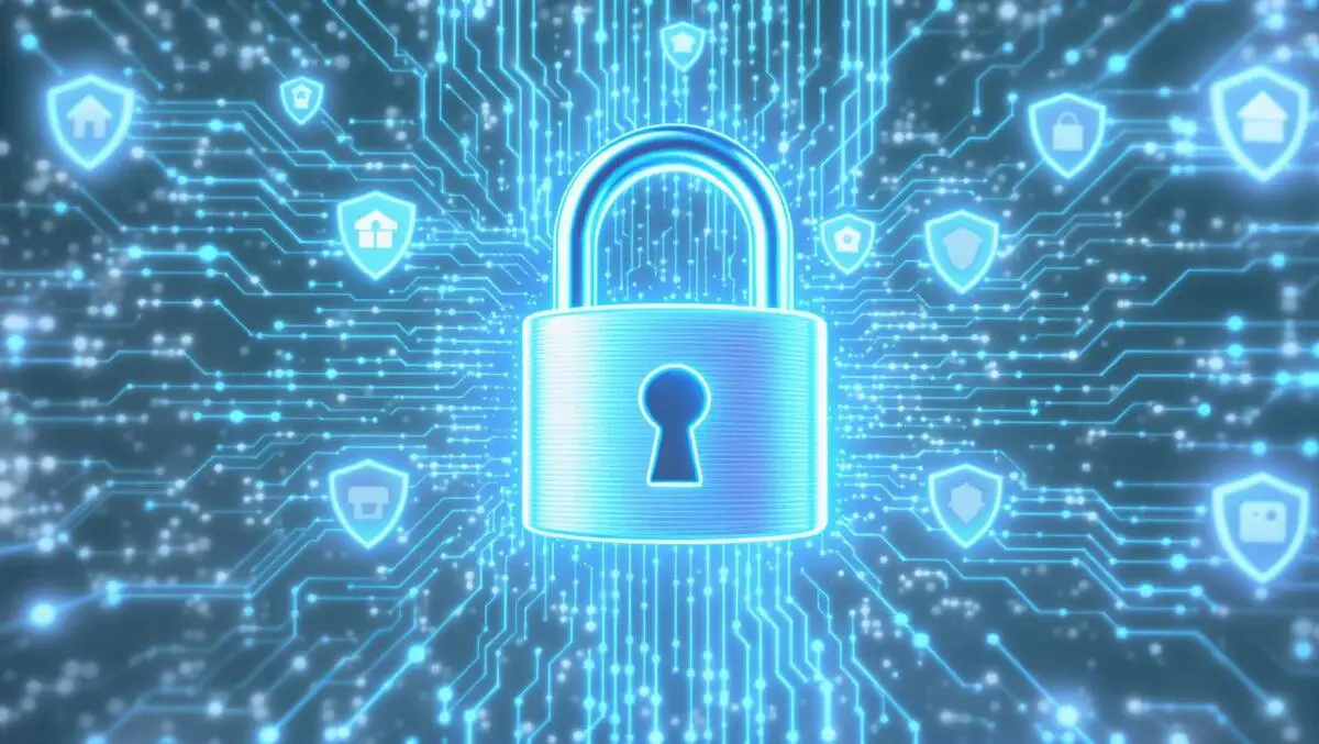 Digital padlock surrounded by circuitry and shield icons data encryption