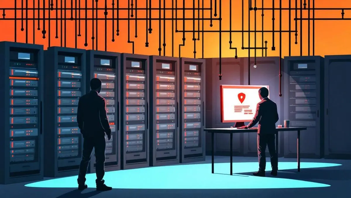 Realistic server room with red highlighted vulnerable racks shadowy cyber threat