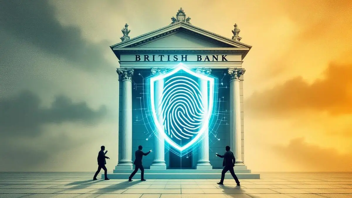 British bank building digital fingerprint shield guarding against online financial scams