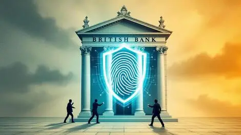 British bank building digital fingerprint shield guarding against online financial scams