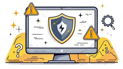 Computer screen with shield icon warning symbols exclamation marks phishing hooks browser security