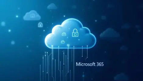 Realistic cloud with digital data icons flowing to microsoft 365 logo