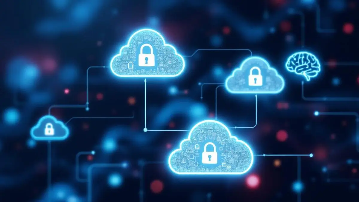 Interconnected cloud icons secure padlocks ai brain digital data flow cybersecurity