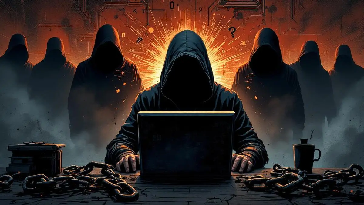 Dramatic illustration hooded figure computer dark digital broken chains shadowy law enforcement