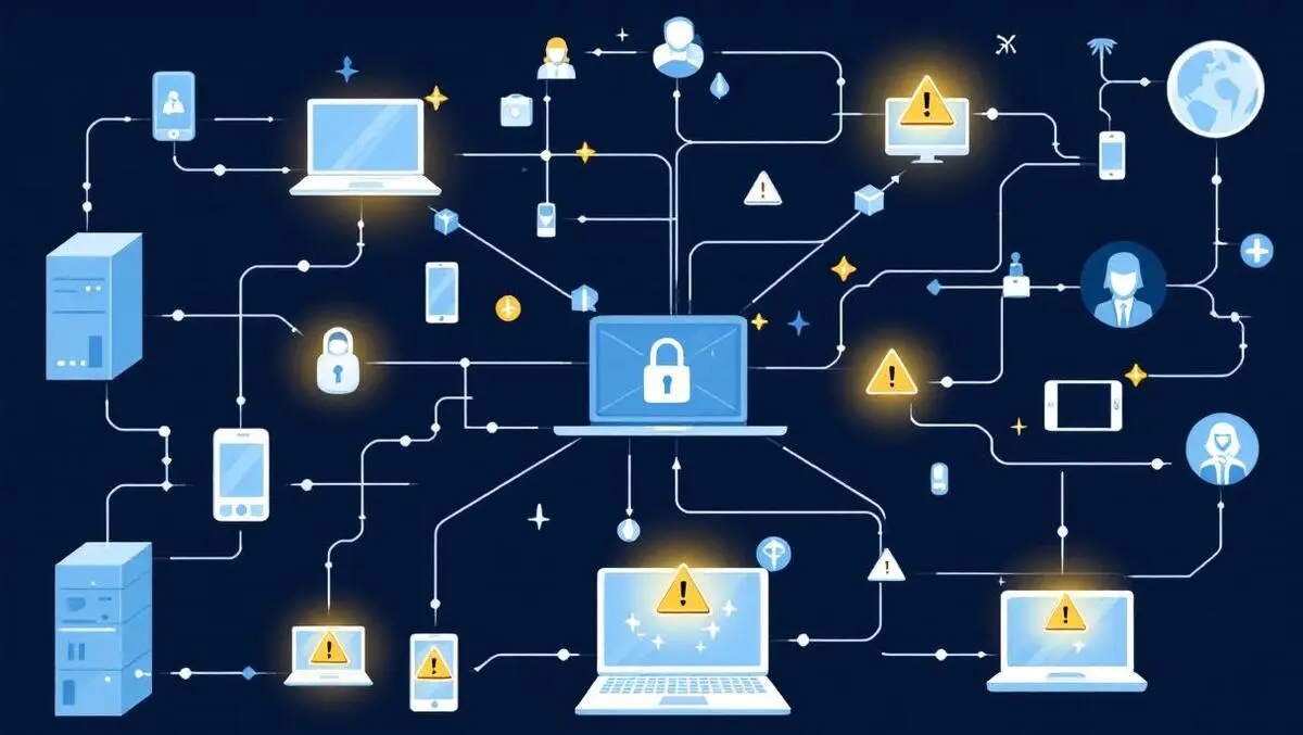 Complex network interconnected devices with vulnerability warnings modern graphic