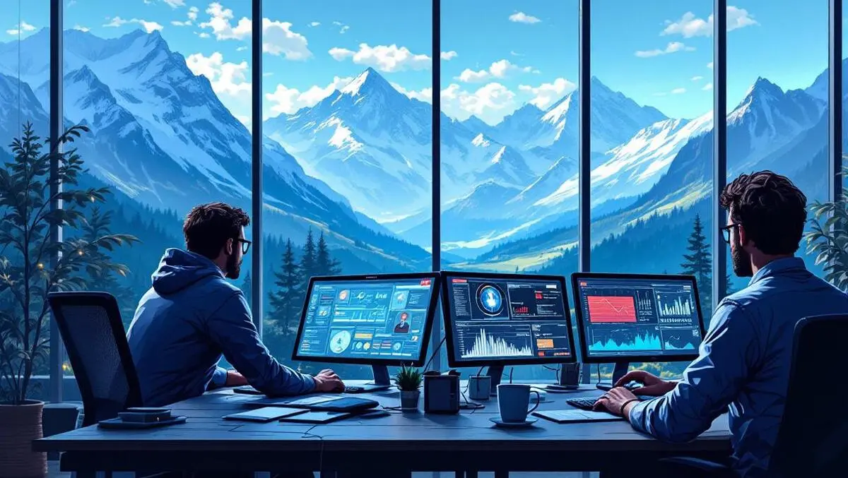 Cybersecurity professionals monitoring digital threats swiss office alps view