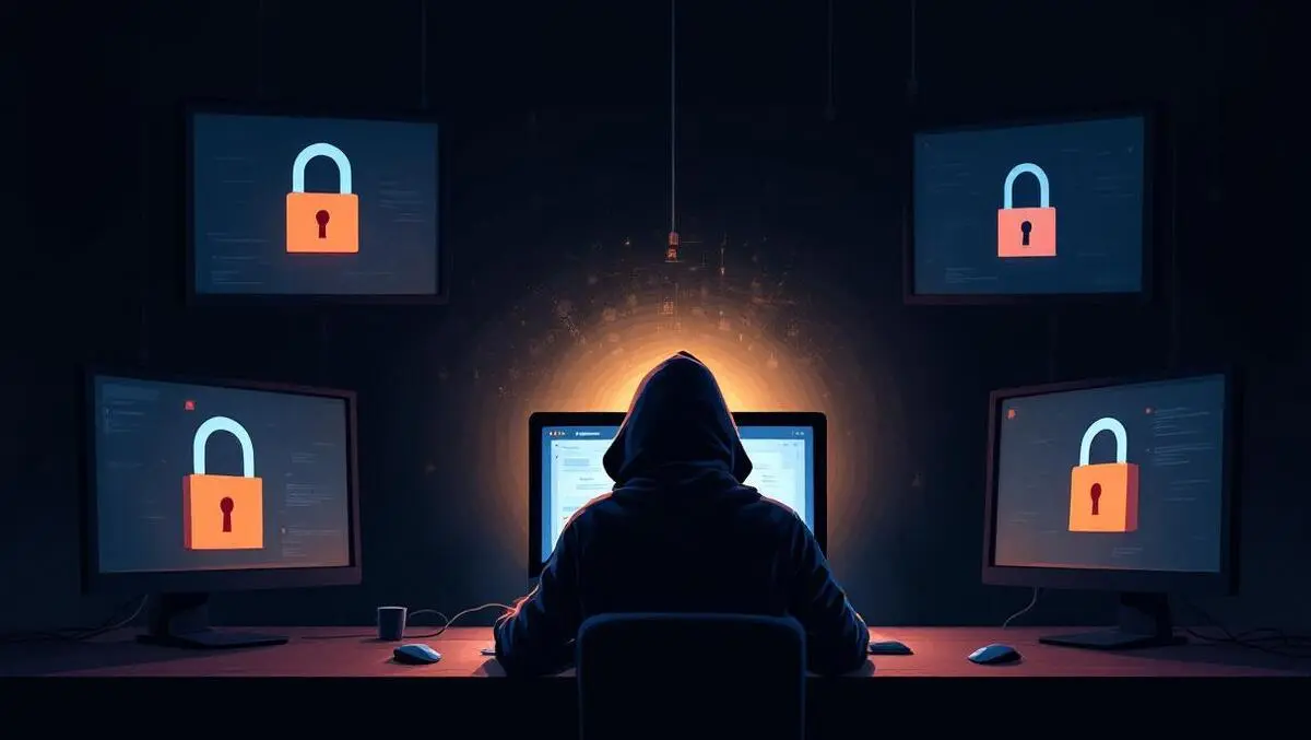 Hooded figure at computer dark room cyber threat locks warnings