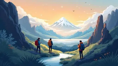 New zealand landscape travelers smartphones digital navigation icons ai travel