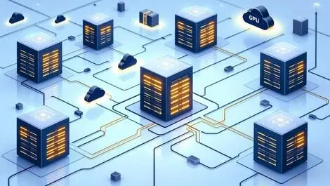 Illustration multiple interconnected data centers glowing server racks power cables cloud icons global gpu access ai infrastructure