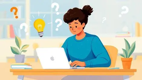 Student at desk open laptop surrounded by question marks lightbulbs interactive learning guidance academic environment