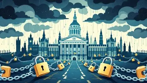 Uk government building surrounded by chains and padlocks ransomware attack cyber threats