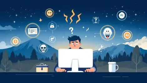 Worried new zealander at computer with phishing crypto ai icons nz landscape