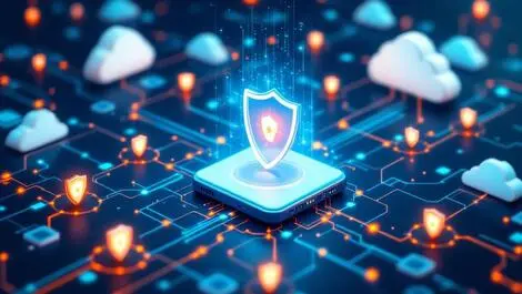 Digital illustration network servers clouds cyber protection shields glow