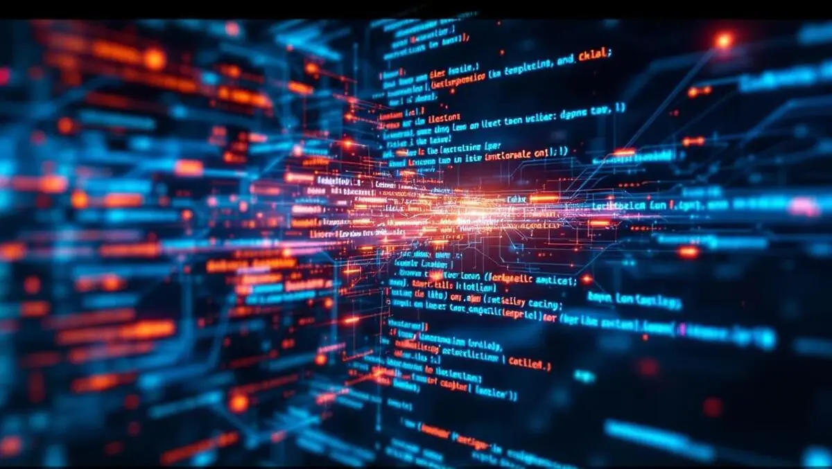 Realistic photo computer screen displaying complex code digital data streams leaking exposure
