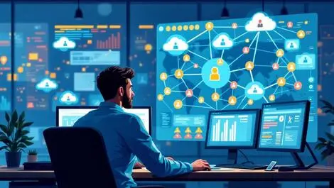 Security researcher analyzing complex network map with user icons clouds modern office