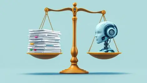 Traditional scale balancing newspapers and robot head symbolizing legal conflict