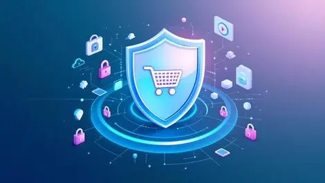 Digital shield surrounded by shopping carts and security locks for online commerce protection from ai threats