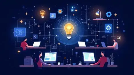 Office employees using digital devices ai network lines lightbulb gears modern workplace