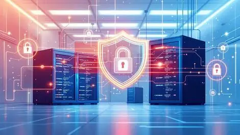 Protected server room digital locks shield icons secure ai workflows
