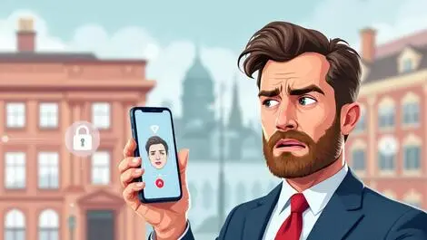 Uk company director holding smartphone face scan identity verification worried expression british office building digital lock graphics