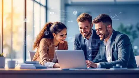 Business professionals collaborating laptop digital technology growth uk office