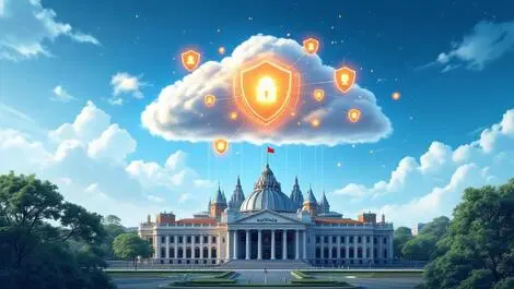 Secure cloud over australian parliament house glowing shields data security