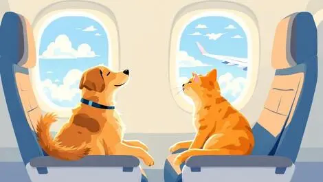 Illustration relaxed dog cat on airplane seats looking out window pet travel