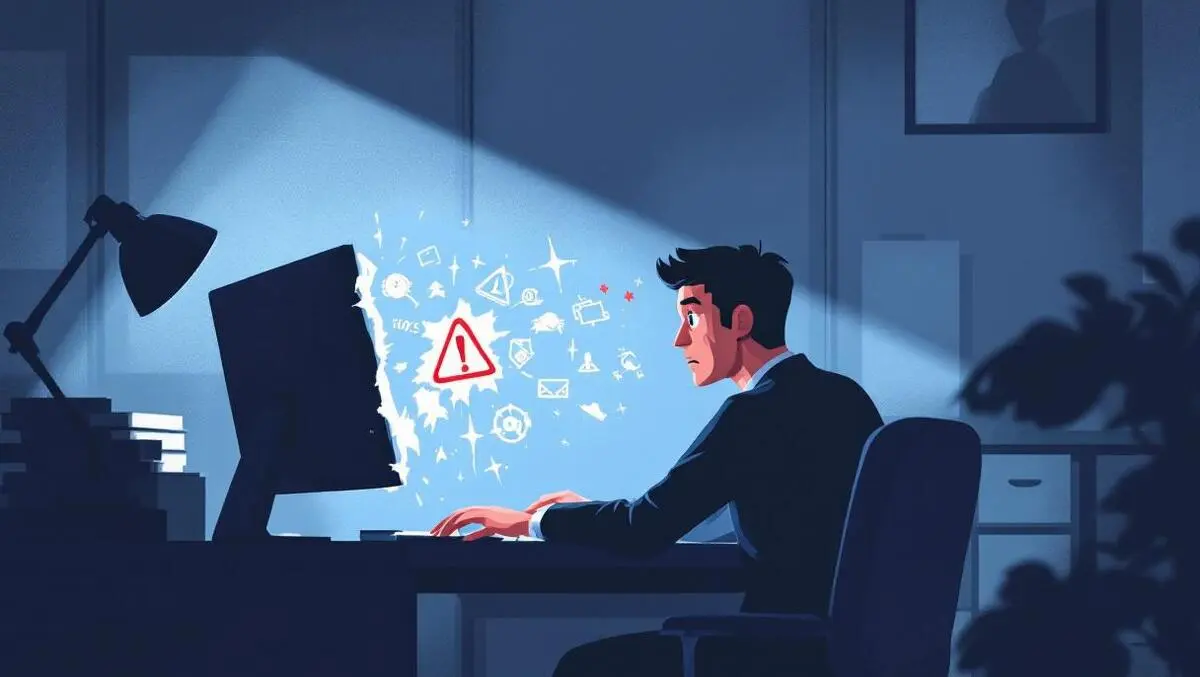 Worried businessperson broken computer warning symbols cyber attacks uk firms insecure code