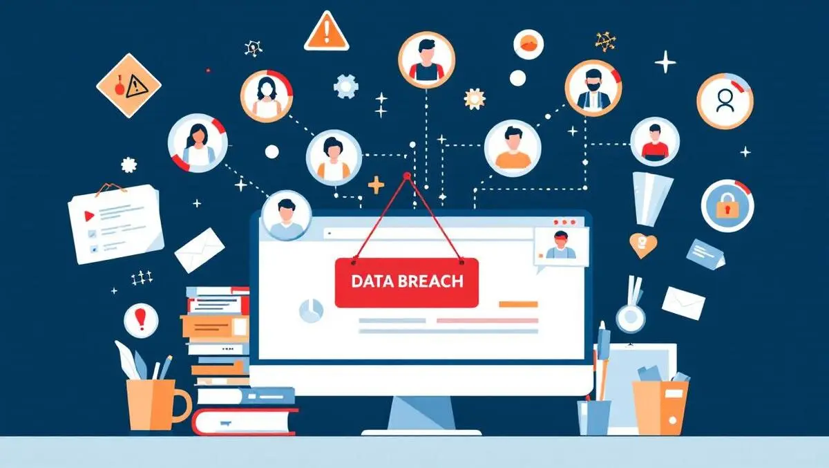 Illustration computer screen connected business contacts data breach warning symbols