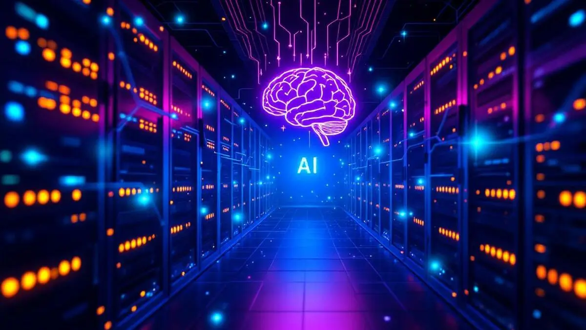 Illustration server room glowing network cables ai brain intelligent automation